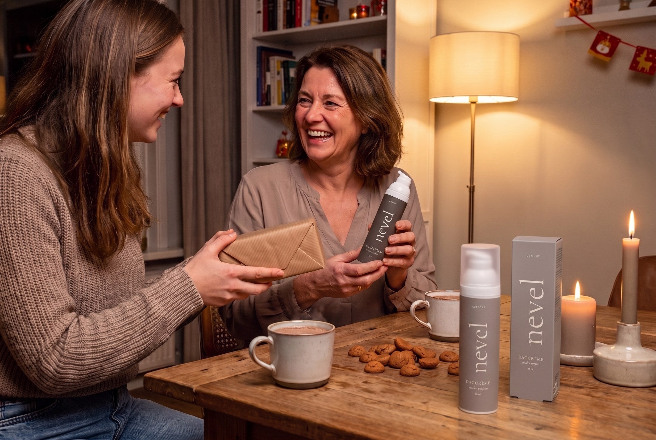 Moeder en dochter lachen op pakjesavond met de Nevel nachtcrème (sfeerbeeld, gemaakt met AI)